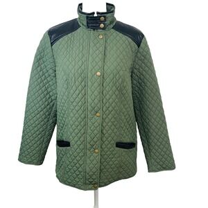 Denim Co Quilted Jacket‎ Woman Large Olive Green Pockets Light Faux Leather Trim